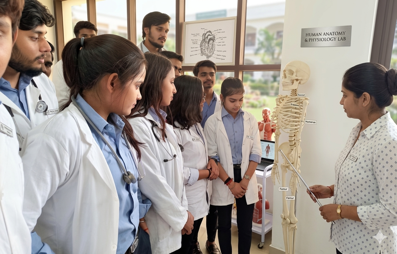 Best Pharmacy college attending practical learning session at Ishan Greater Noida.